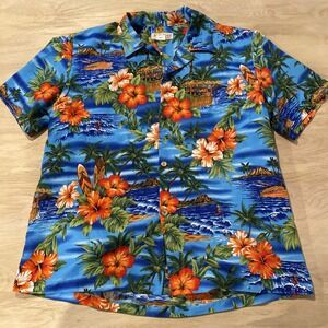 Koko Head Hawaiian Shirt Blue Men's M Orange Hibiscus‎ Button Down Short Sleeve